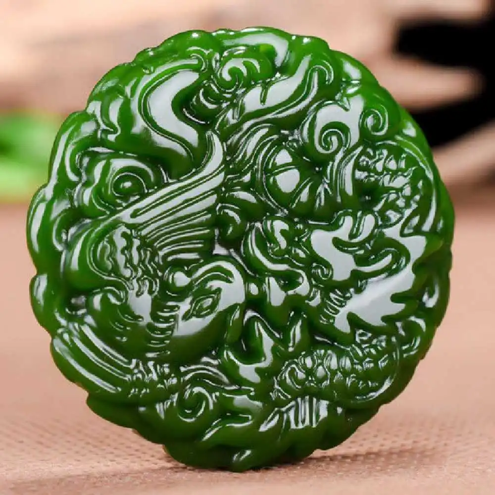 Натуральная Зеленая Нефритовая скульптура кулон с драконом и Фениксом + ожерелье