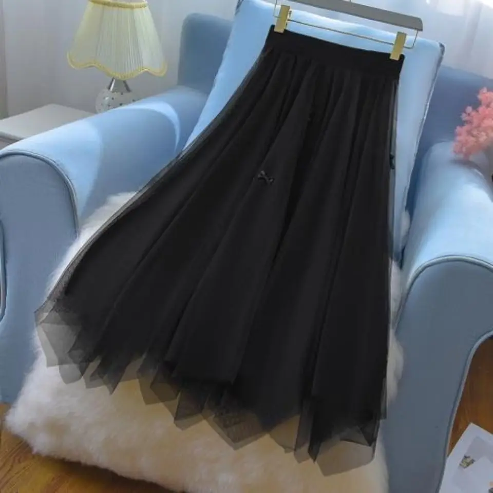 

2022 Spring Summer High-Waisted Skirt Gauze Midi Long Skirts Irregula A-Line Fairycore All-Match Korean Fashion Falda Mujer