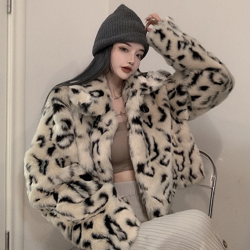 

Pop Leopard Print Cropped Furry Jacket Womens Nice Fashion Keep Warm Faux Fur Coat Woman Korean Turn-down Collar Plush Coats