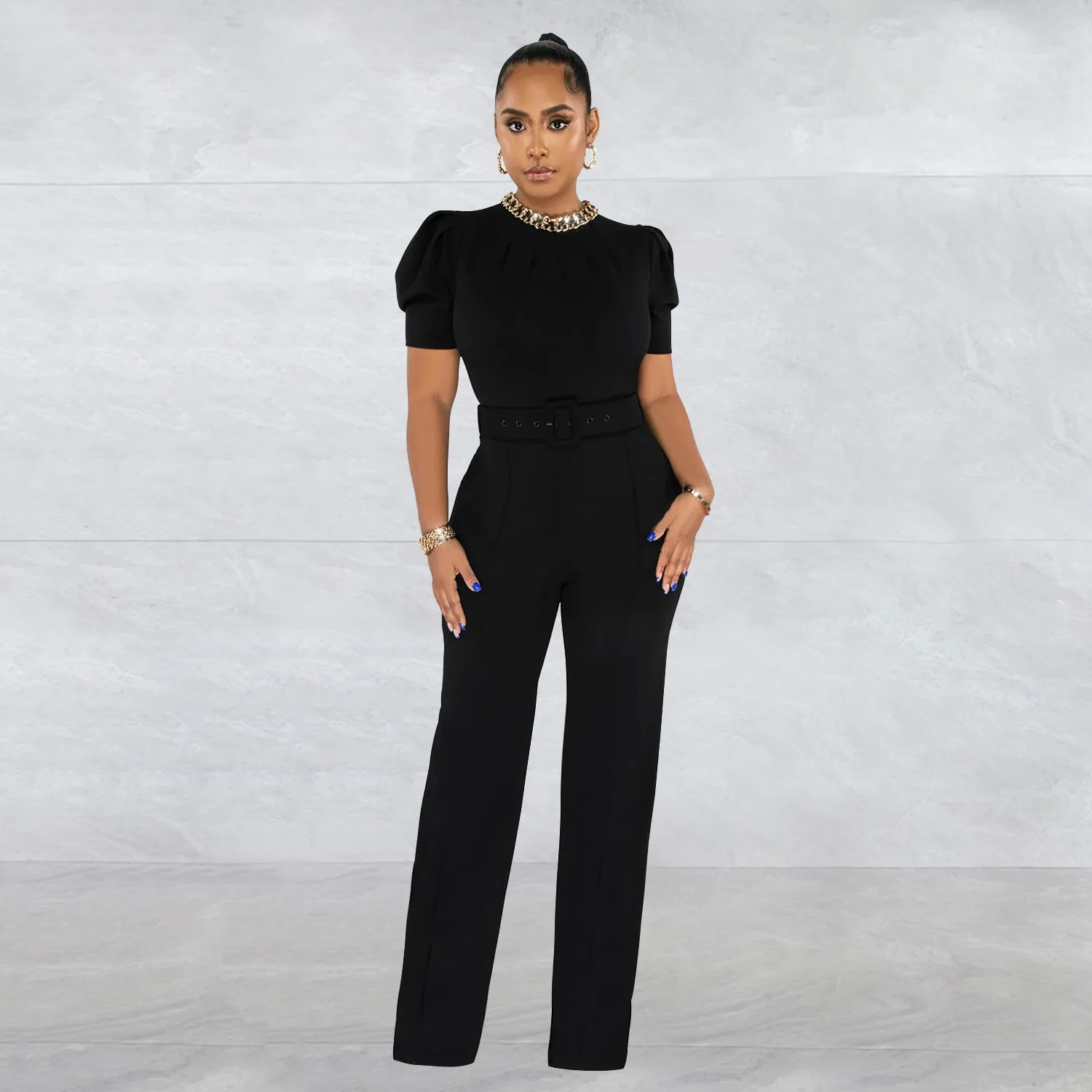 

Женский комбинезон с поясом и цепочкой, однотонный Длинный комбинезон с коротким рукавом, Элегантный Новый комбинезон, лето 2023