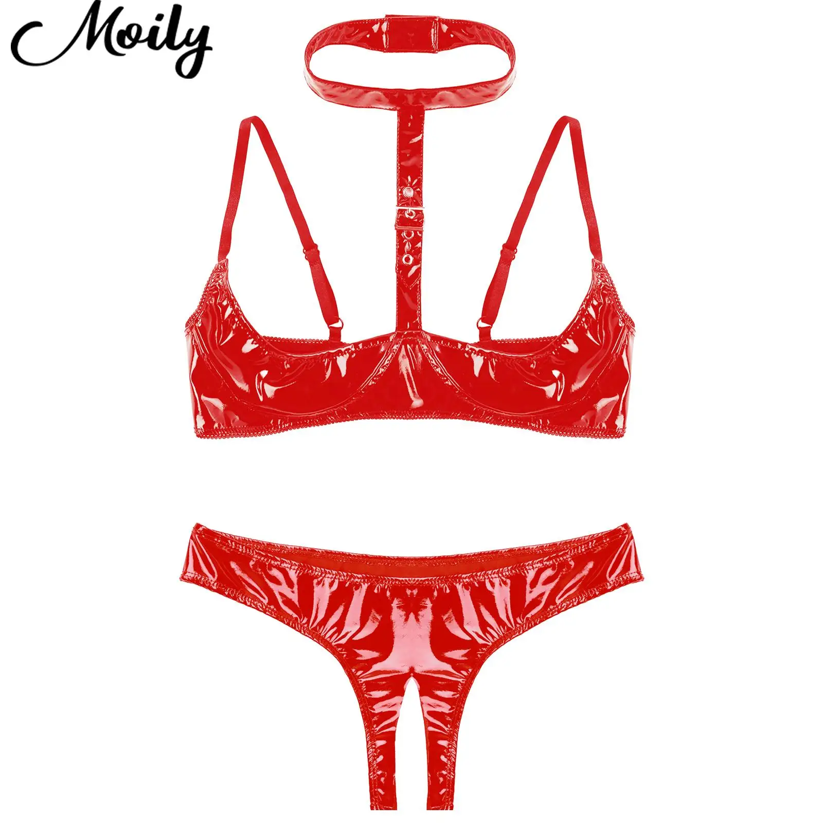 

Sexy Hot Women 2Pcs Exotic Sets Lingerie Nightwear Wet Look Patent Leather Hollow Out Bra Tops with Open Crotch Briefs Underwear