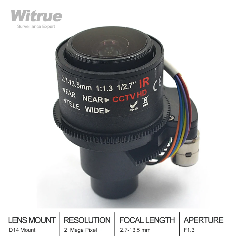 

Witrue 2MP 2.7-13.5mm Electric Varifocal CCTV LENS F1.3 1/2.7" Auto focus zoom M14/D14 MOUNT IR CUT For IP/AHD Security Cameras