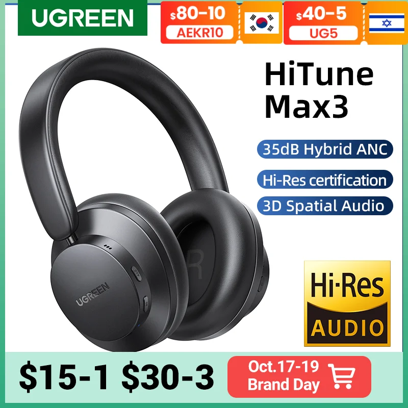  UGREEN HiTune Max3 Hybrid 35dB ANC Active Noise Cancelling Headphones Wireless Over Ear Bluetooth Earphones, 3D Spatial Audio 