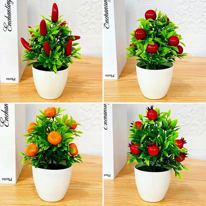 

Artificial Plants Bonsai Mini Orange Pomegranate Fruit Tree Desktop Ornament Plastic Fake Plants Flowers Pot Garden Home Decor