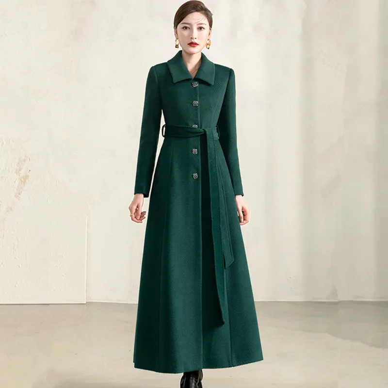 

Women X-Long Woolen Overcoat Autumn Winter Fashion Elegant Thicken Turndown Collar Lacing Sashes Wool Blends Coat Slim Outerwear