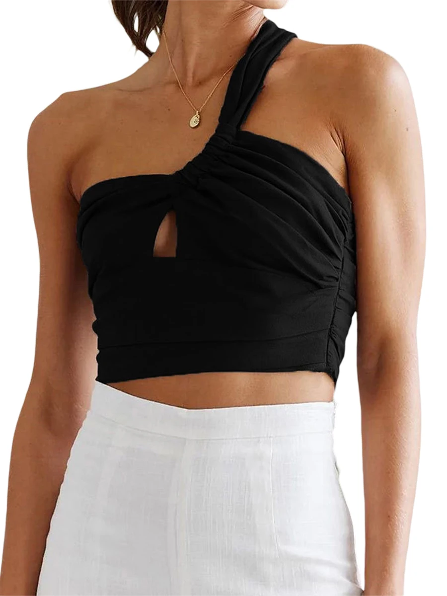 

Women s One Shoulder Crop Top Casual Sleeveless Knot Front Cut Out Criss Cross Tank Shirt