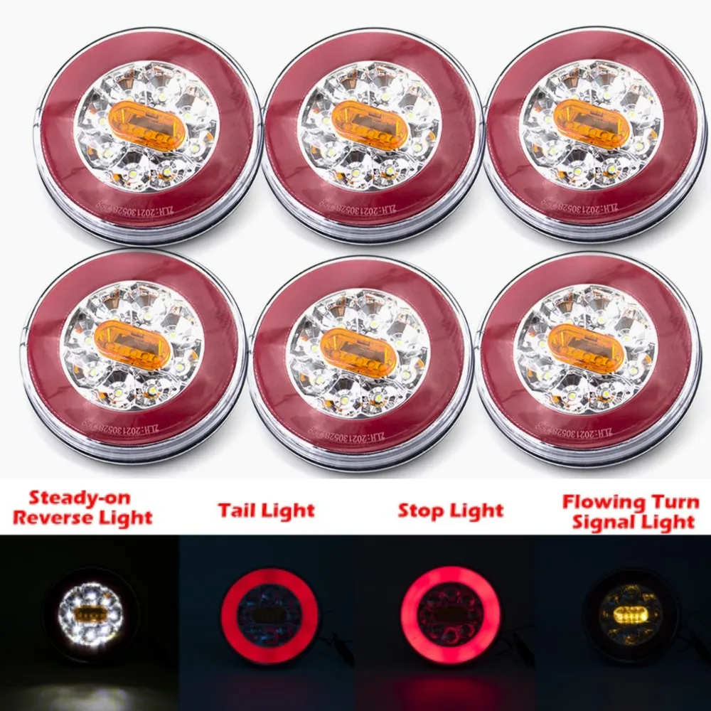 

6pcs 12V 24V LED Round Rear Tail Light Sequential Dynamic Running Trun Signal Lamp Rear Reverse Brake Stop Lights Truck Trailer