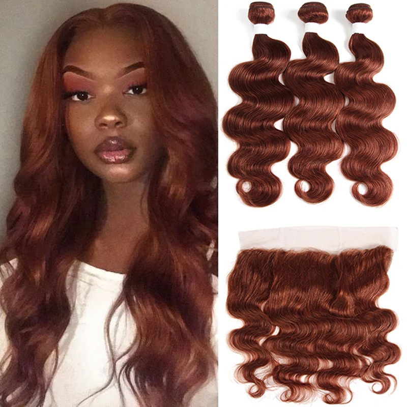 Brazilian Human Hair Bundles With Frontal 13*4 Auburn Brown Body Wave Remy 100% Human Hair Weaves Bundle With Closure