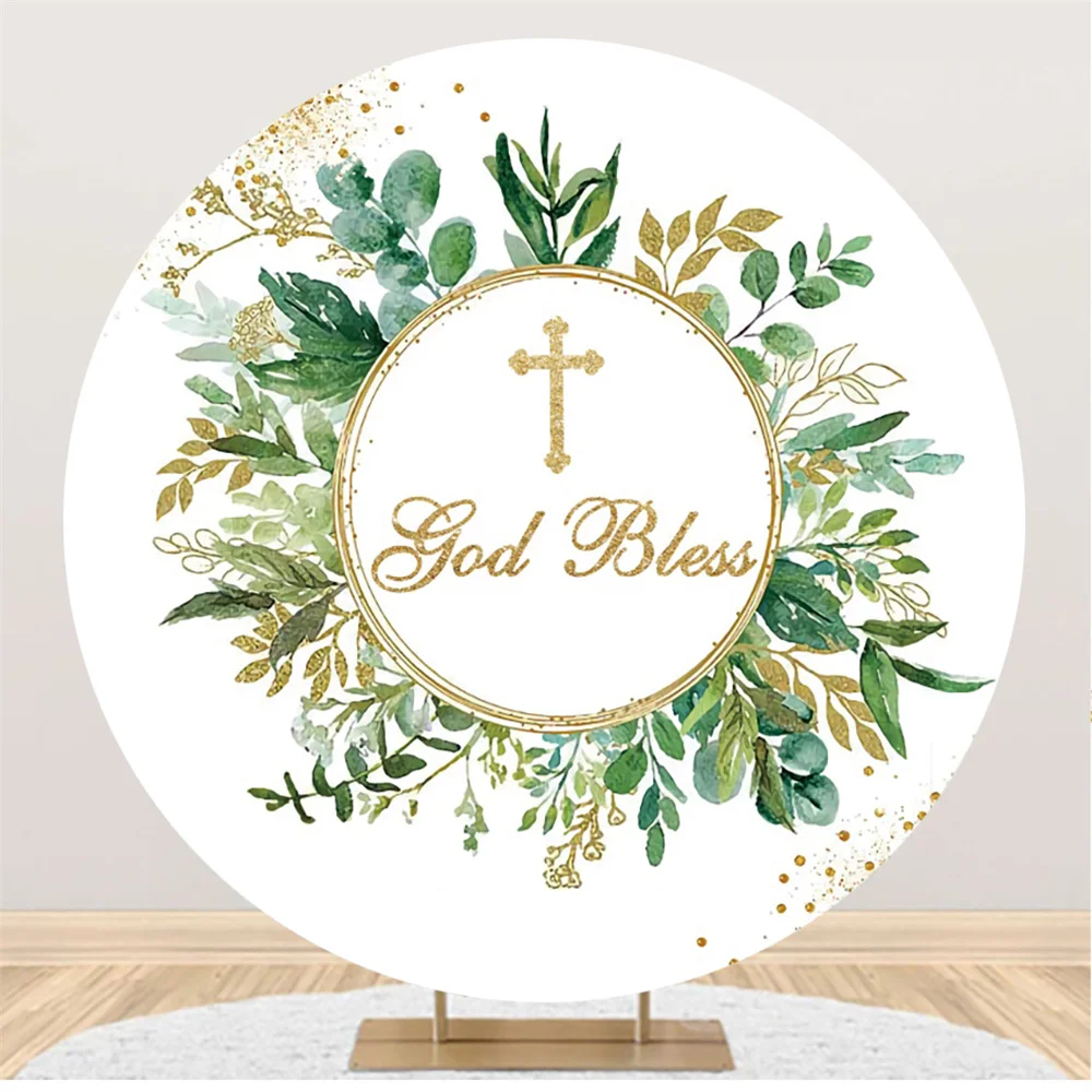 

Green Plant Gold Ring Cross Backdrop God Bless Newborn Baby Baptism Ceremony Circle Round Backgrounds Booth Decorations