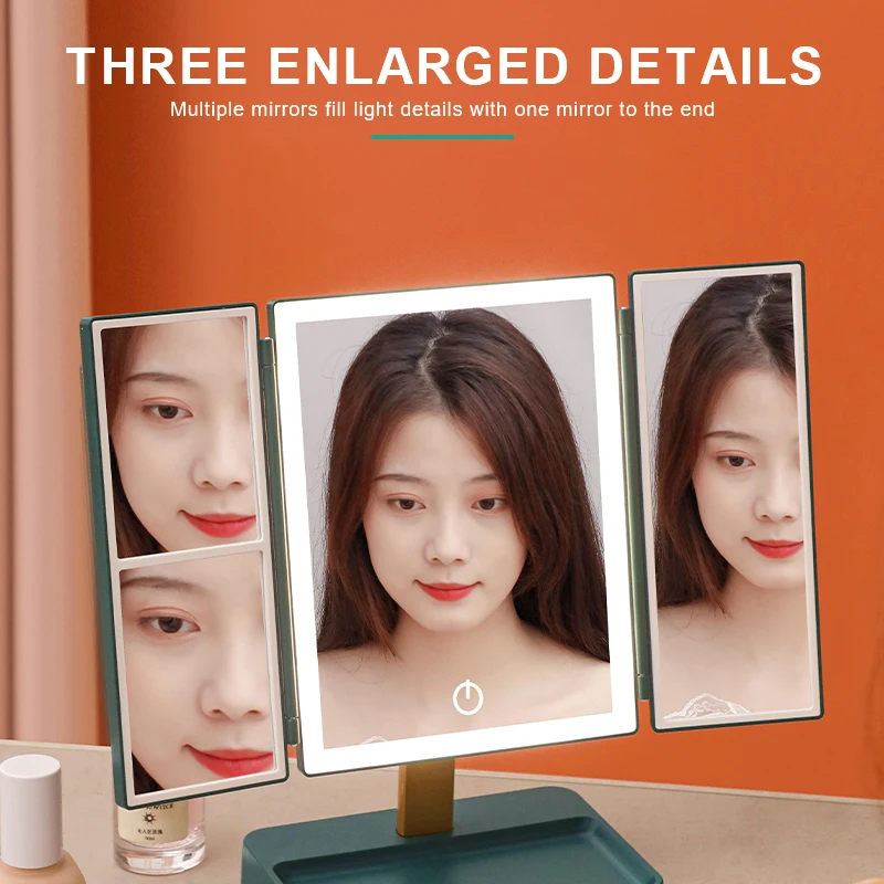

LED Vanity Mirror 1X 2X 3X Magnification Makeup Mirror Stepless Dimmable Rotatable Dressing Beauty Table Mirror With Three Light