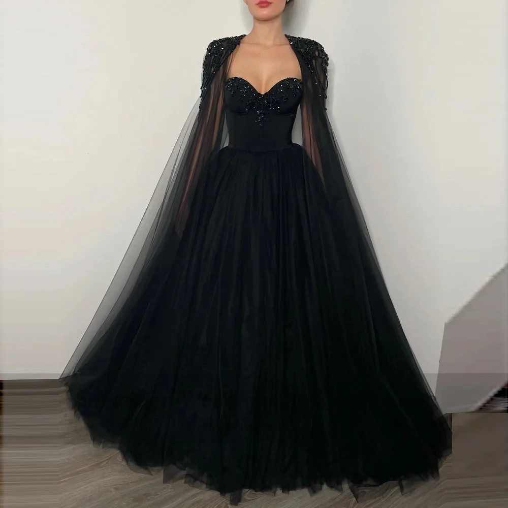

ROSELLA Black Tulle Evening Dresses With Cape Sleeves Elegant Sweetheart Prom Gowns Floor Length Beaded Formal Occasion Dress