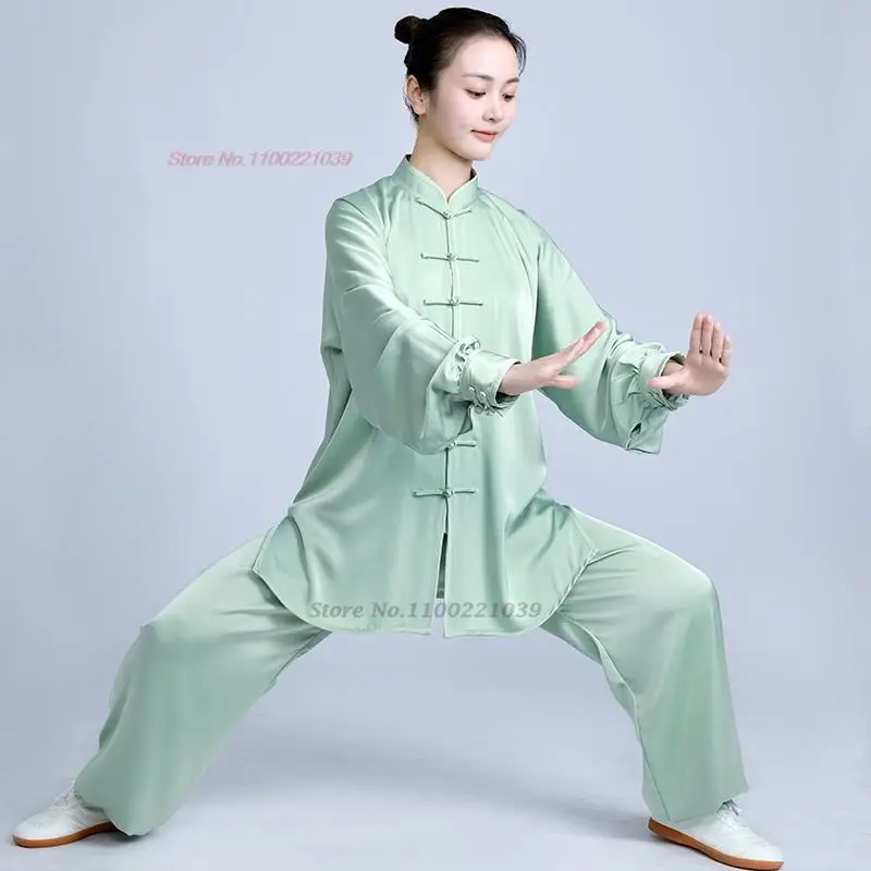 2023 chinese kung fu tai chi martial arts satin set traditional taijiquan practice wushu suit casual outdoor sport clothing