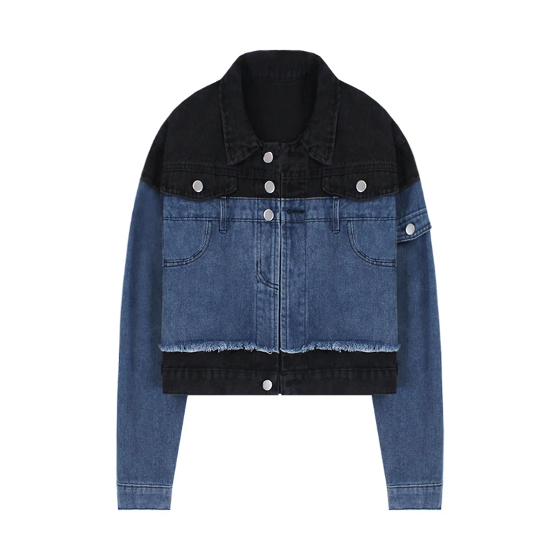 

Korean Vintage Patchwork Frayed Burrs Short Denim Jacket Women Autumn Casual Lapel Long Sleeve Jeans Jacket Coat Chaqueta Mujer