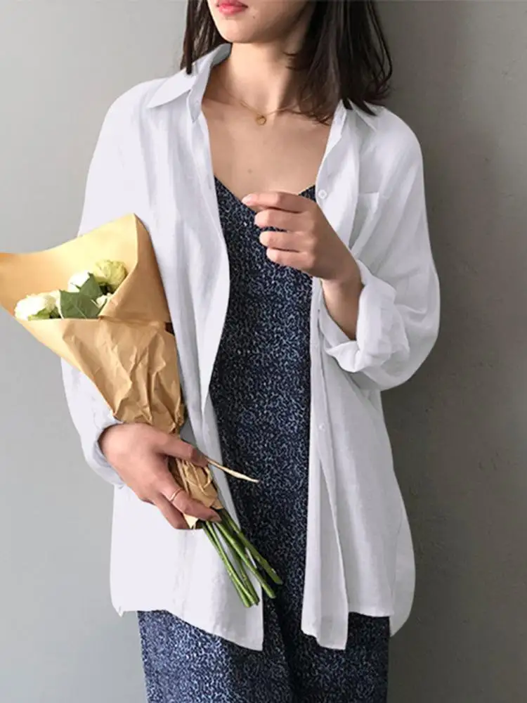 

ZANZEA Casual Long Sleeve Lapel Blouse Women Elegant Holiday Party Shirt Oversized Beach Chemise Female Vocation Solid Tunic Top