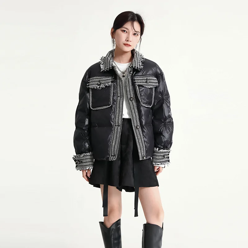 2022 Winter New Women's Trend Splicing Tweed Letter Chapter Down Jacket Collision Color Warm Down Jacket
