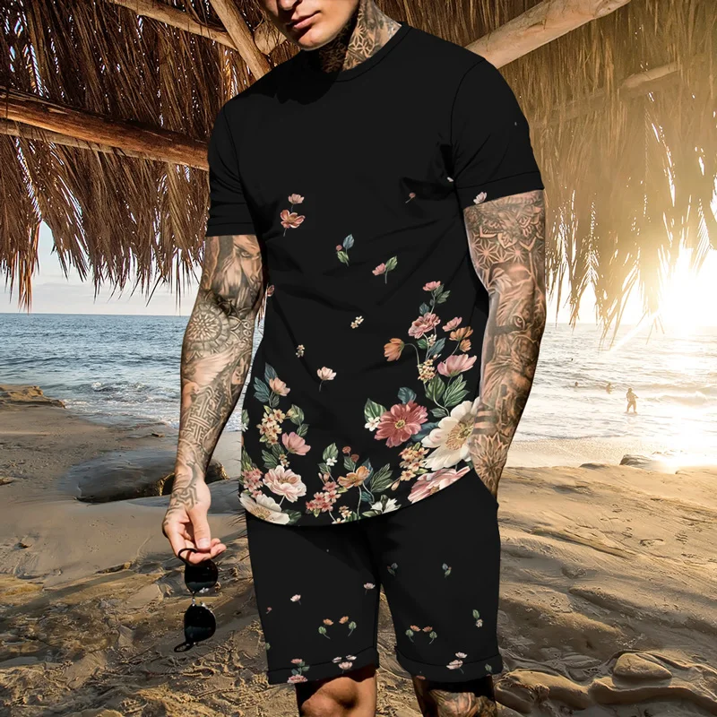 Conjunto de camisetas de manga corta para hombre, pantalones cortos de gran tamaño, ropa informal, pantalones cortos de playa, Hawaii, Verano