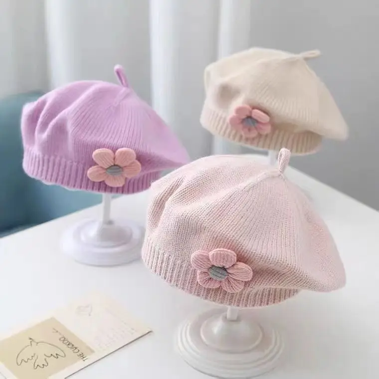 

Flower Baby Beret Hat Solid Color Winter Warm Knitted Beanie Cap for Infant Girls Korean Toddler Princess Artist Painter Caps