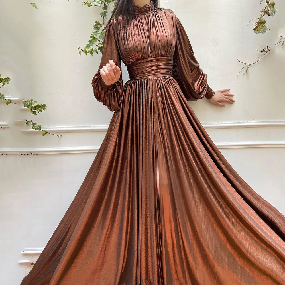 Elegant Prom Dresses for Women A-line Solid Fashion Waist High Neck Swing Long Sleeve Vestidos Evening Party Maxi Dress Female