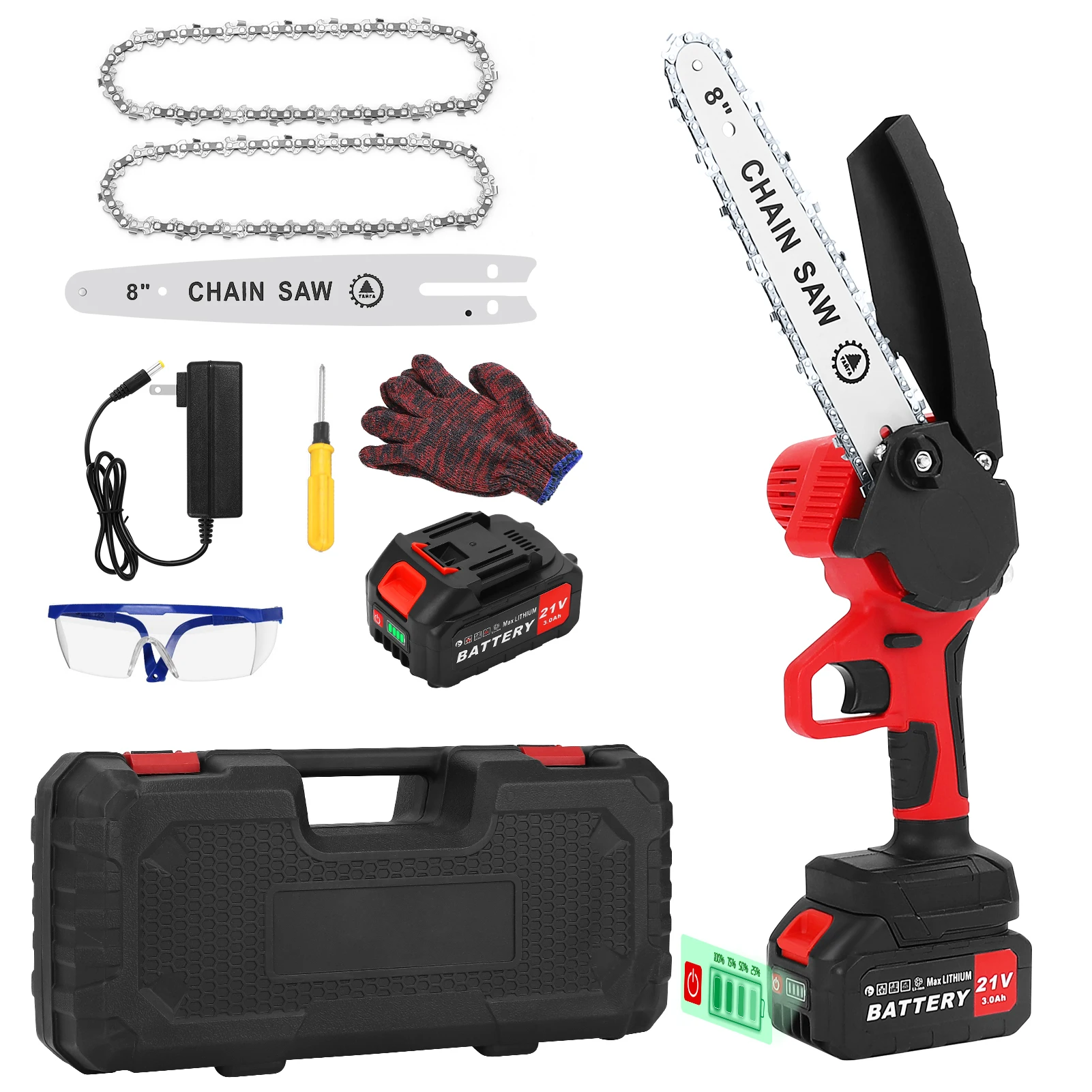 900 Вт 8-дюймовая Беспроводная мини бензопила 21 в электрическая портативная цепная пила с батареей 3000 мАч ящик для инструментов для резки древесины ножницы