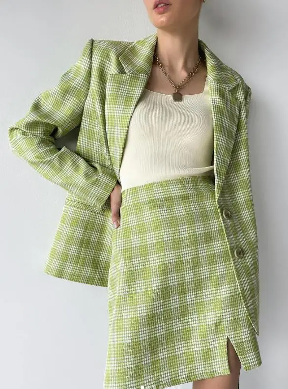 

Винтажный клетчатый костюм, офисный Женский комплект с юбкой, юбка с высокой талией, однобортный пиджак с разрезом спереди