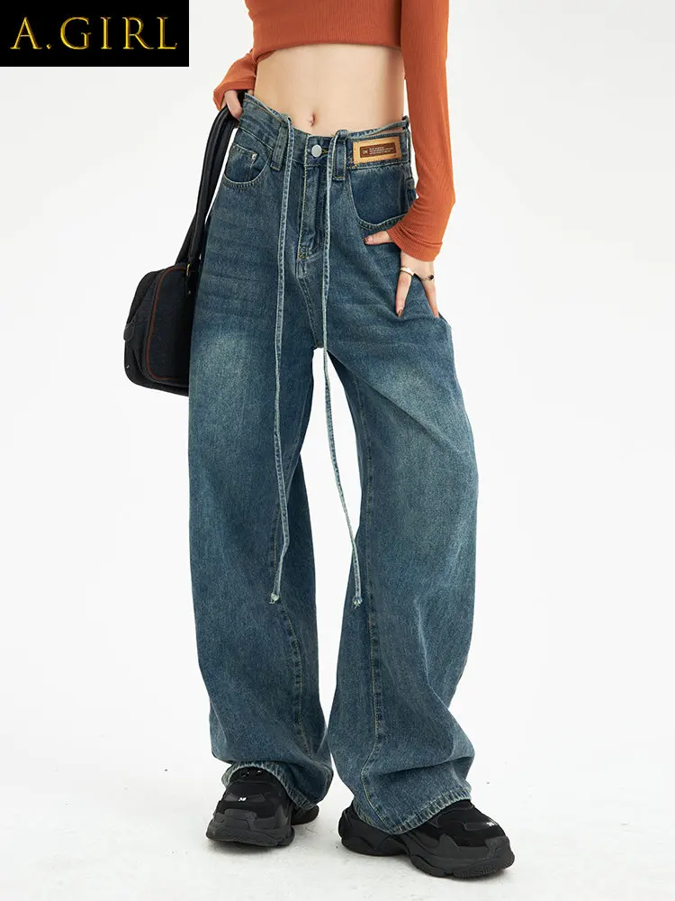 

A GIRLS Women Vintage Baggy Straight Jeans High Waist Wide Leg Jeans Loose Lace Up Cargo Pants Oversize Denim Trousers Y2k