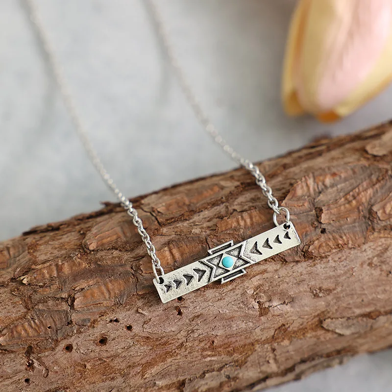 

AZTEC STAMPED BAR NECKLACE for Cowgirl Metal Aztec Southwestern Turquoise Jewelry Metal Stamped Bar Choker Necklace with Stone