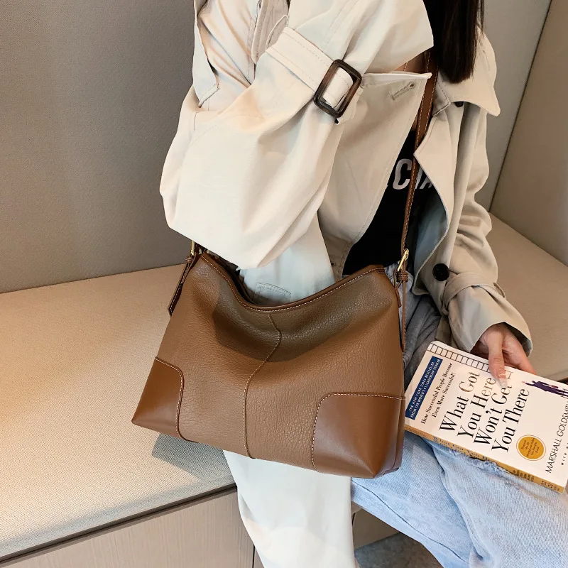 Retro PU Splice Contrast Tote Handbags Women's Fashion Shoulder Bags Large Capacity Versatile Satchel Travel Commute Storage Bag