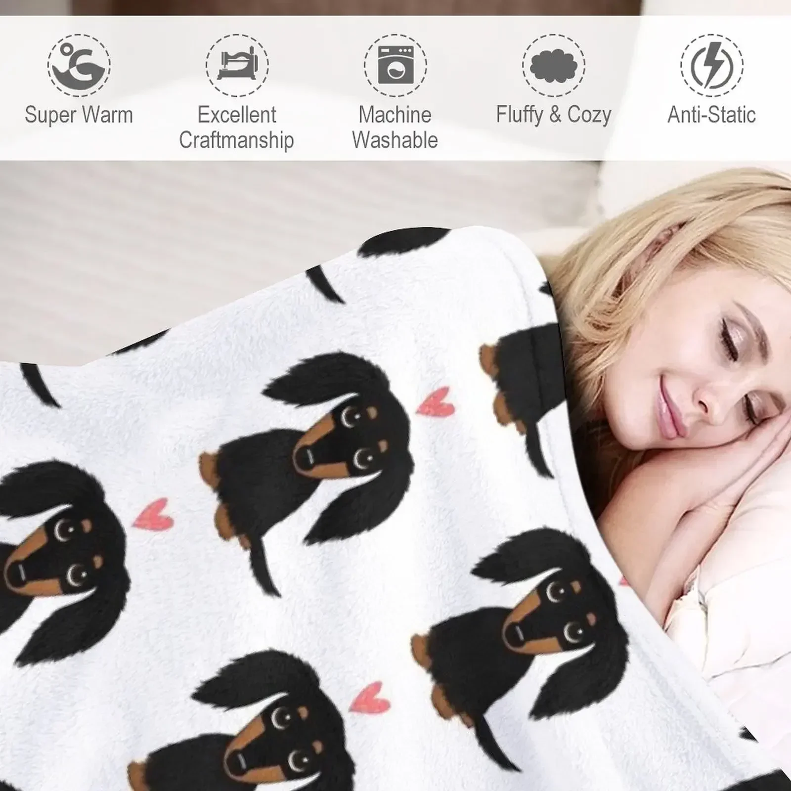 Черно-коричневая длинношерстная такса с мультяшной собакой и сердечком одеяло