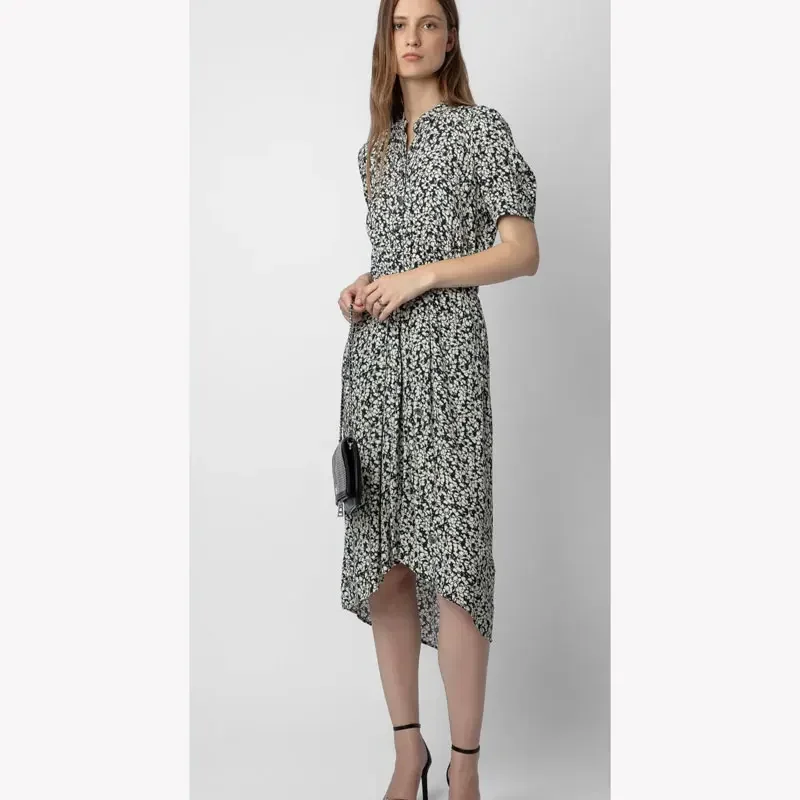 

Женское асимметричное платье до середины икры, осеннее платье из вискозы с цветочным принтом, круглым вырезом и коротким рукавом, на пуговицах спереди, 2023