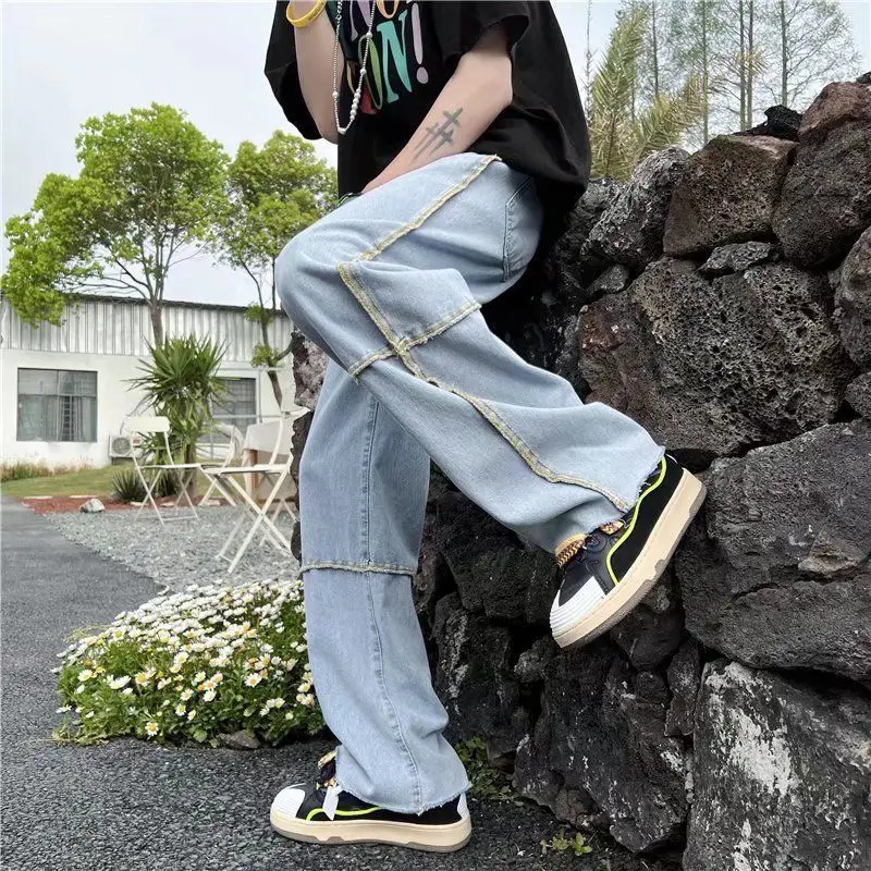 Oversized Free Shipping Men's Fashion Baggy Y2k Clothes Streetwear Vintage Cross Blue Jeans Mapping Casual Pants For Men