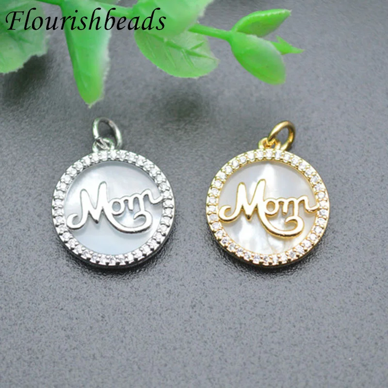 

Wholesale Nickel Free Anti Rust Gold Plated CZ Pave Metal Brass Round Mom Charms for Diy Jewelry Making 10pcs Per Lot