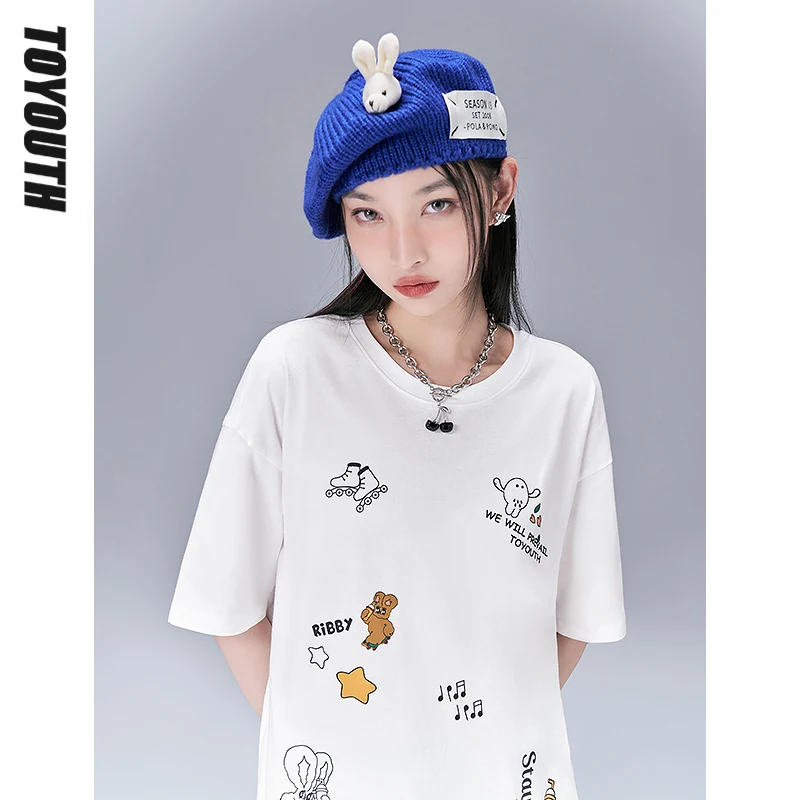 

Toyouth Women T-shirts 2022 Summer Short Sleeve O Neck Loose Tees Fun Print Detachable Bunny 100% Cotton Casual Chic Tops