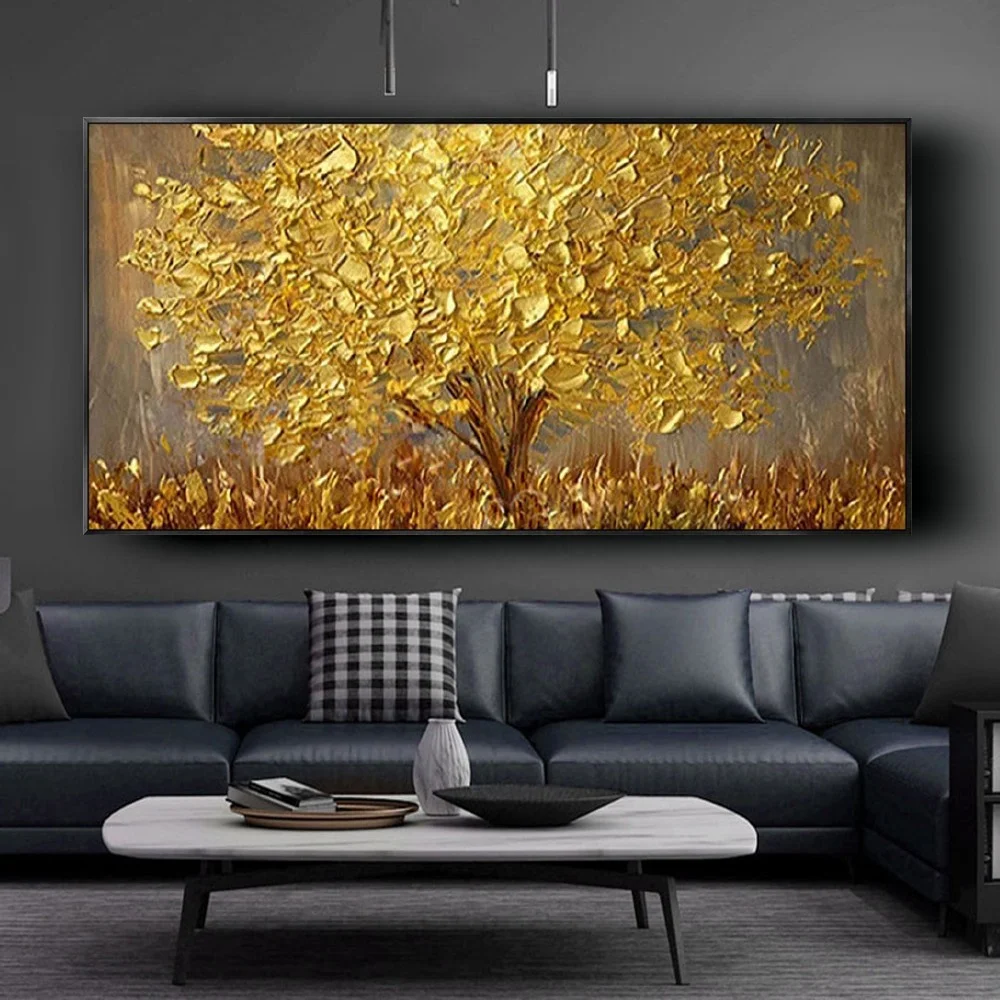 

High-quality hand-painted Abstract Golden Tree Wall Art Canvas Painting Modern oil Paintings Decor wall Pictures for Living Room
