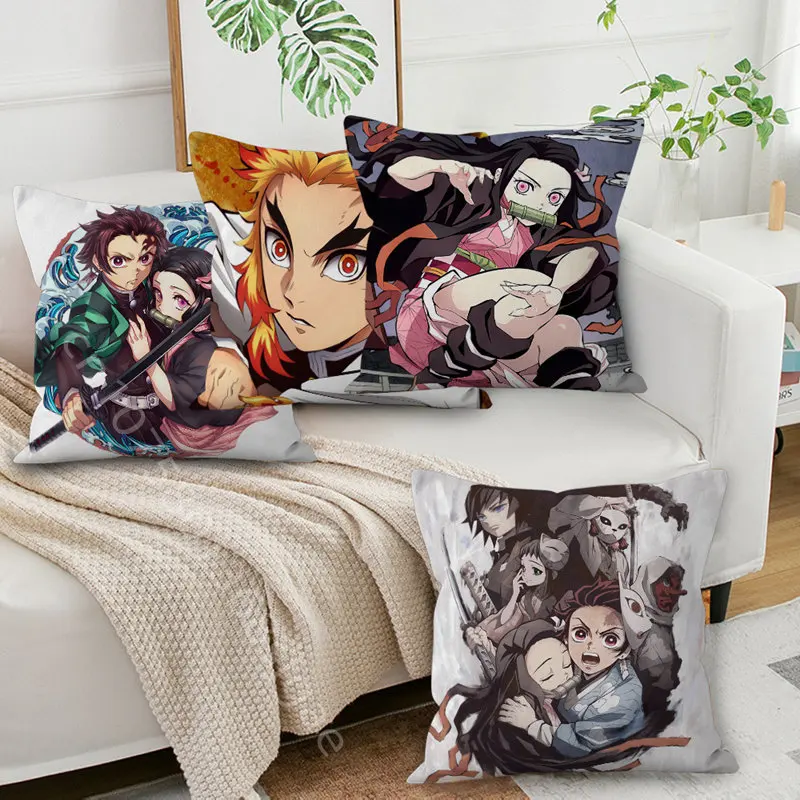 

Hot Anime Demon Slayer Pillow Case Square Cushion Cover Sofa Car Office Peachskin Throw Pillows Home Decoration Children Gifts