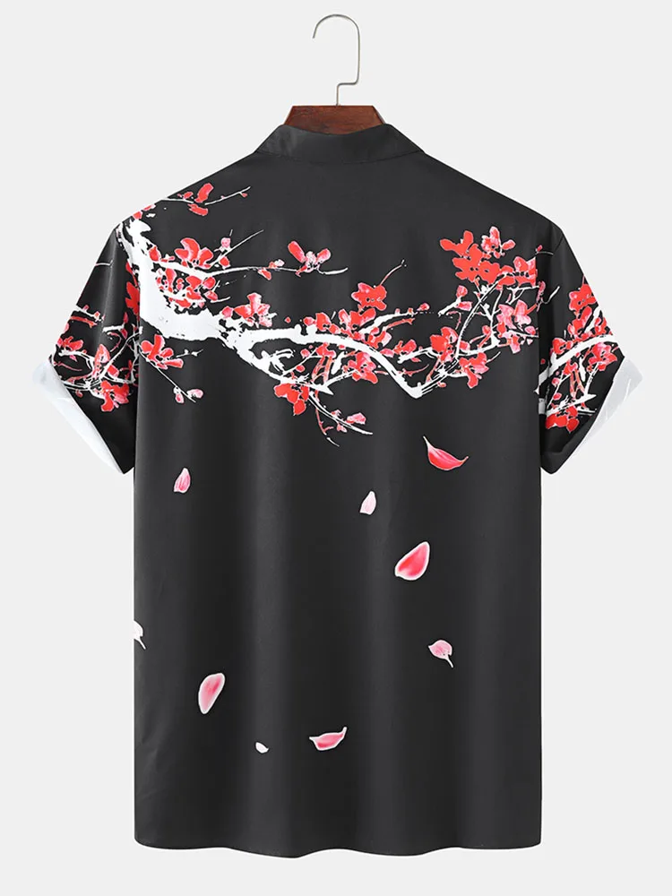 CharmkpR Stylish Well Fitting New Men's Tops Plum Blossom Printing Lapel Blouse Casual Streetwear Male Short Sleeve Shirts S-2XL