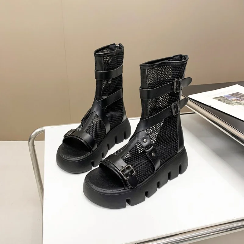 2022 Women Thick Platform Cool Boots Sandals Mesh Hollow Motorcycle Shoes Summer New Brand Sandals Ladies Shoes Punk Ankle Boots