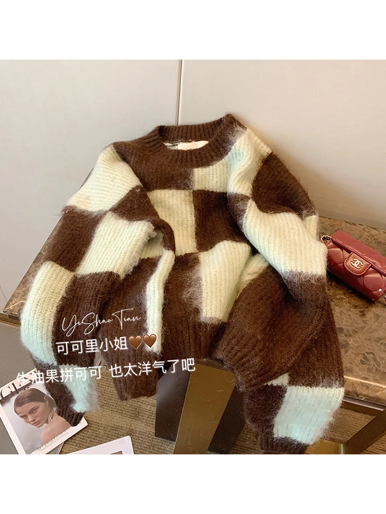 

Женский свитер оверсайз, зимний Свободный пуловер в клетку