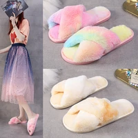 new fashion women cotton slippers casual winter home flip flops rainbow colored cross plush slippers indoor female flat sandals