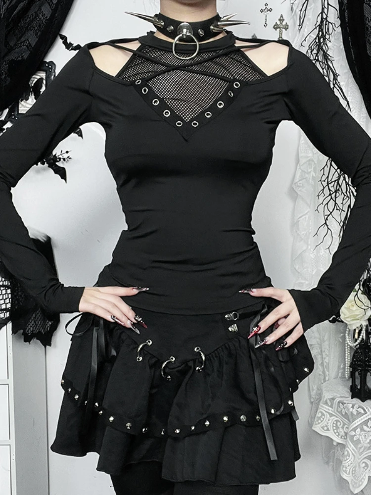 Фото AltGoth Dark Academia Goth футболка женская уличная одежда Harajuku сексуальная Y2k E-girl ажурные сетчатые лоскутные укороченные футболки с длинными рукавами №5