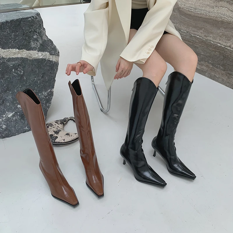 

Fashion Women Knee High Boots Pointed Toe Chelsea Botas Winter Autumn Stretch Boots Thin High Heels Black Brown Pumps Shoes 39