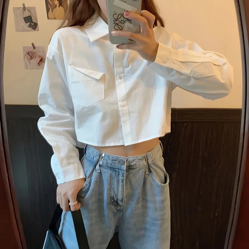 Summer Harajuku Pockets All Match Preppy Blouse Tops Korean Solid Turn Down Collar Casual Cropped Tops