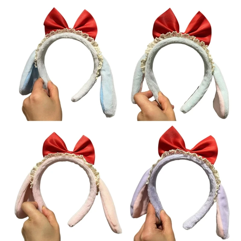 

Red Bowknot Decor Hair Hoop Women Plush Bunny Ear Shape Headband Multi Color