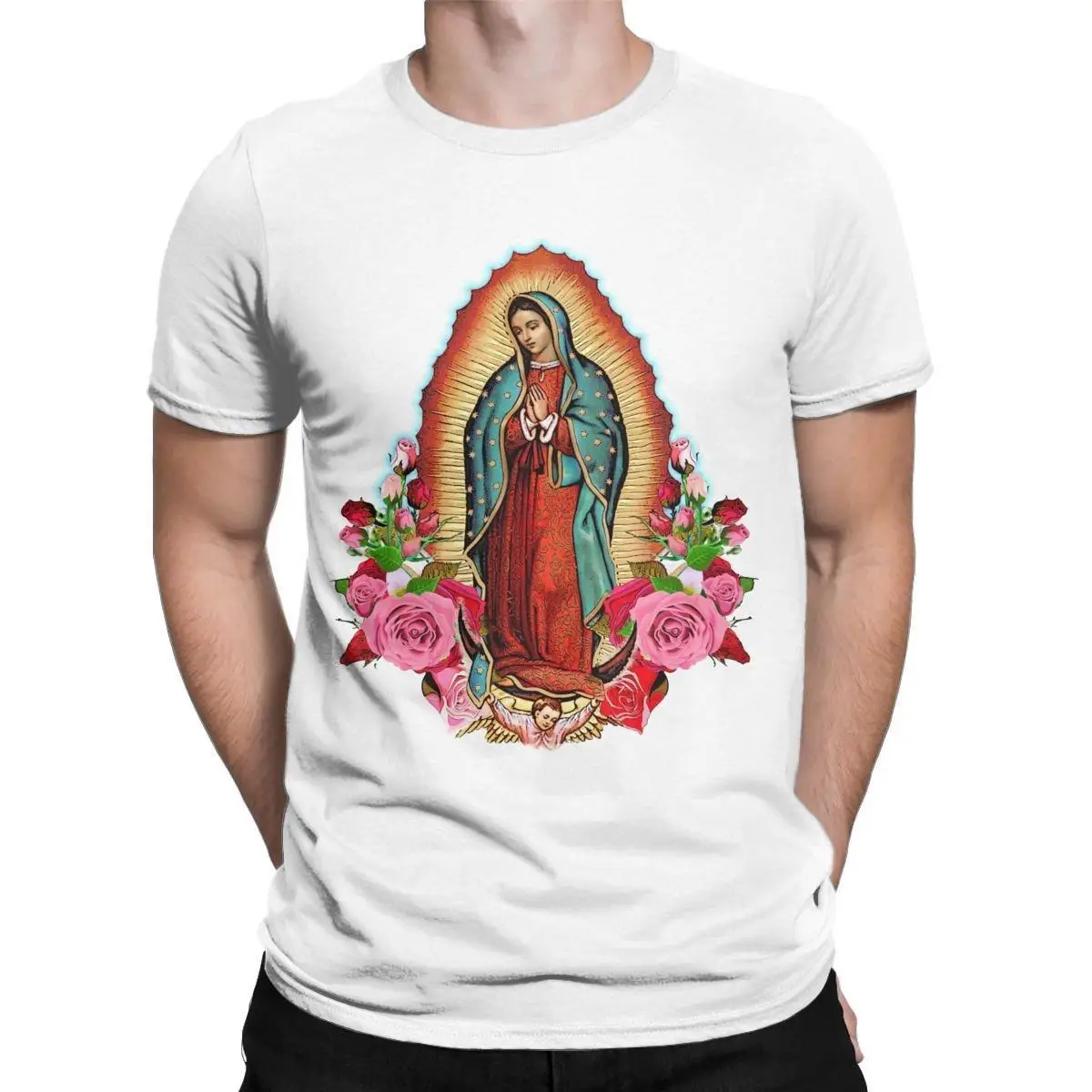 

Crazy Our Lady Of Guadalupe T-Shirts for Men Crewneck Pure Cotton T Shirts Virgin Mary Catholic Short Sleeve Tee Shirt Clothes