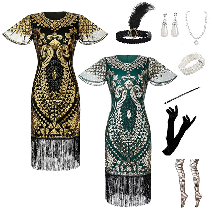 

XS-XXL 1920s Vintage Short-Sleeved Sequined The Great Gatsby Dress Party Headdress Necklace Stockings Gloves Earring Set
