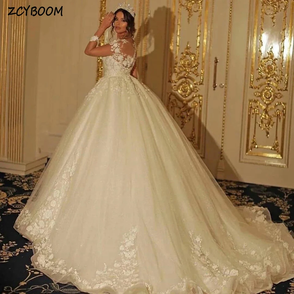 

Elegant White O-Neck Beaded Appliques Wedding Dress 2024 Ball Gown Floor Length Sweep Train Lace Up Custom Made Bridal Gown