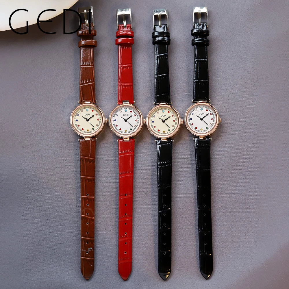 GEDI Elegant Women Watches Leather Strap Color Diamond Scale Waterproof Fashion Ladies Quartz Wriswatch Luxury Woman Clock Gifts