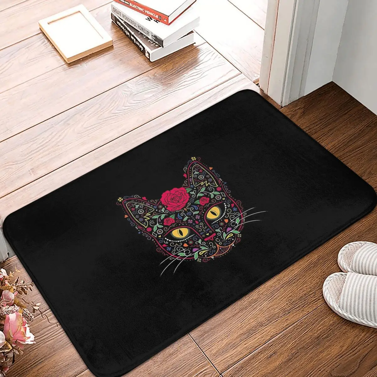 

Day of the Dead Mexican Holiday Non-slip Doormat Living Room Mat Kitty Cat Sugar Skull Floor Carpet Welcome Rug Home Decor