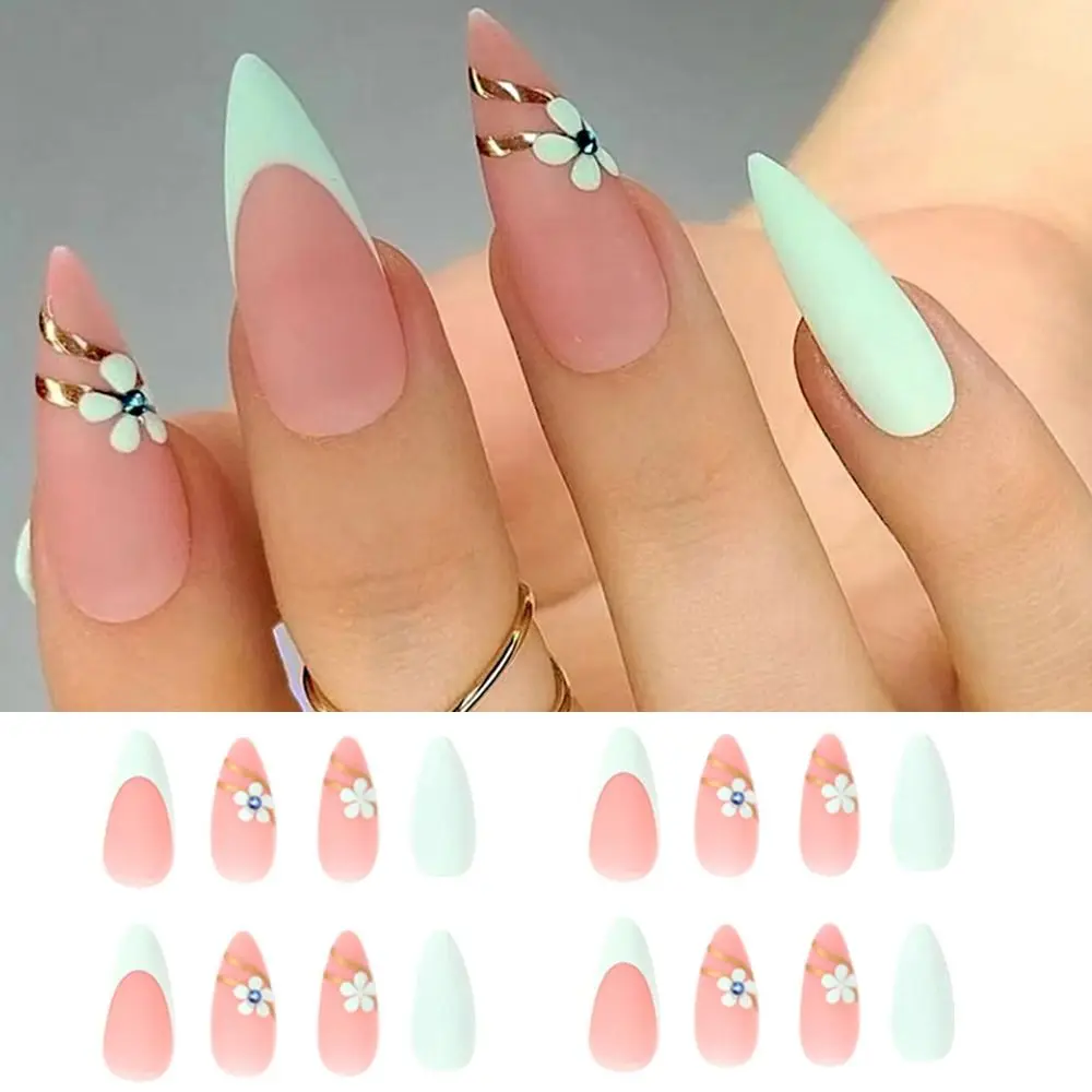 

24pcs DIY Full Cover Small Flower Frosted Blue Rhinestone Fake Nails French Green Long Almond