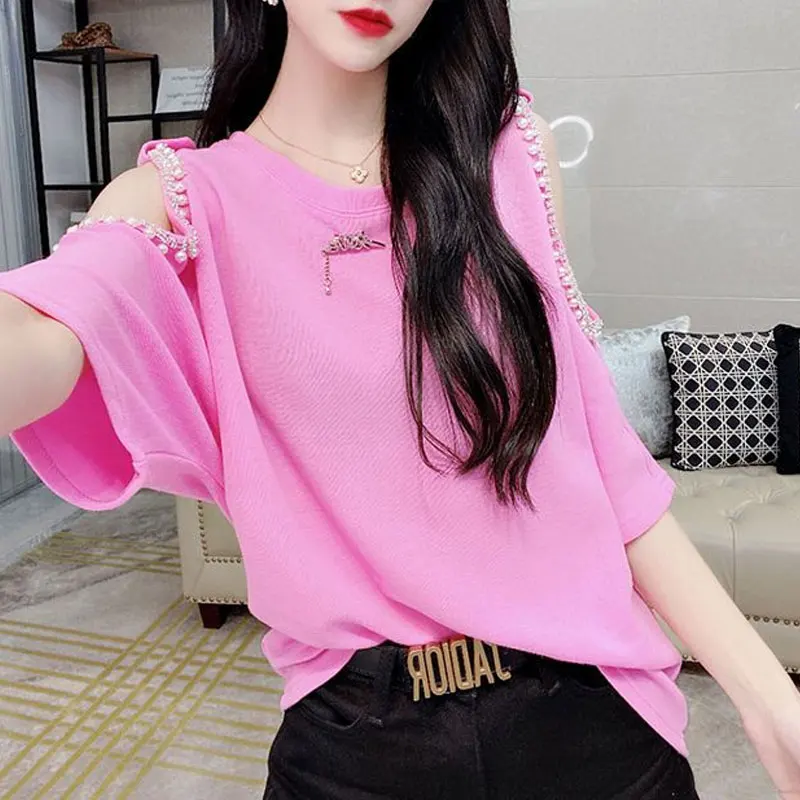 

Female Clothing Sexy Off Shoulder Cut Out Pullovers Fashion Solid Color All-match Summer Chic Diamonds Beading O-Neck T-shirt
