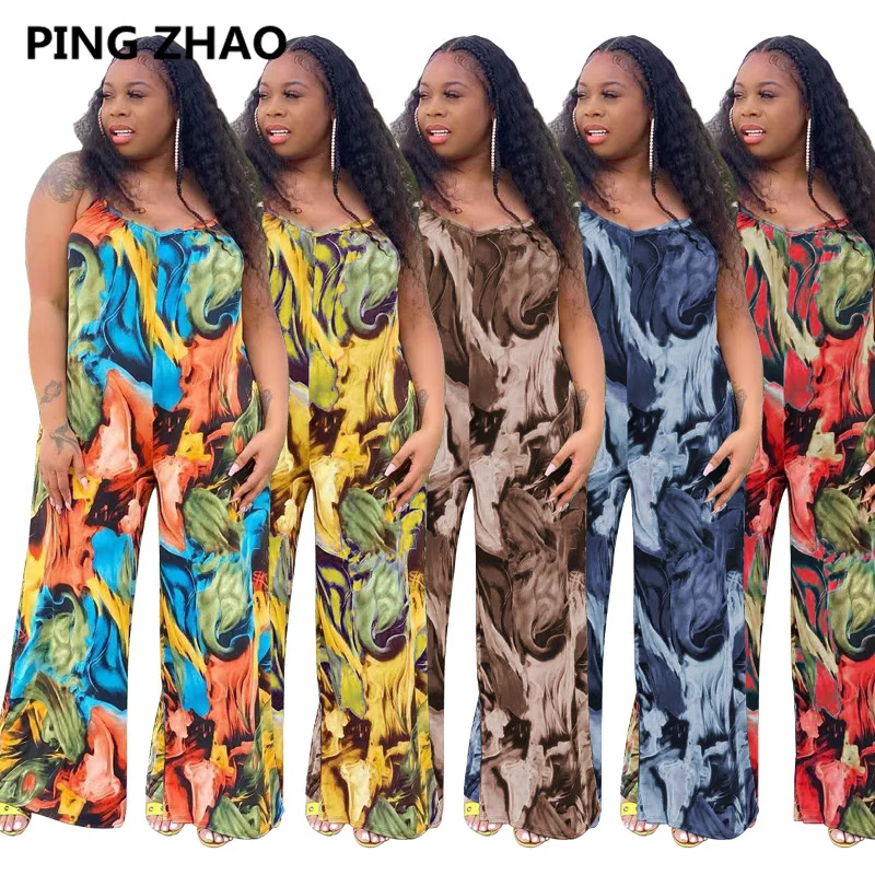 

PING ZHAO Plus Size Women Jumpsuits Summer Print Sleeveless Playsuits Sexy Wide Leg Pants Female Casual Loose Overalls